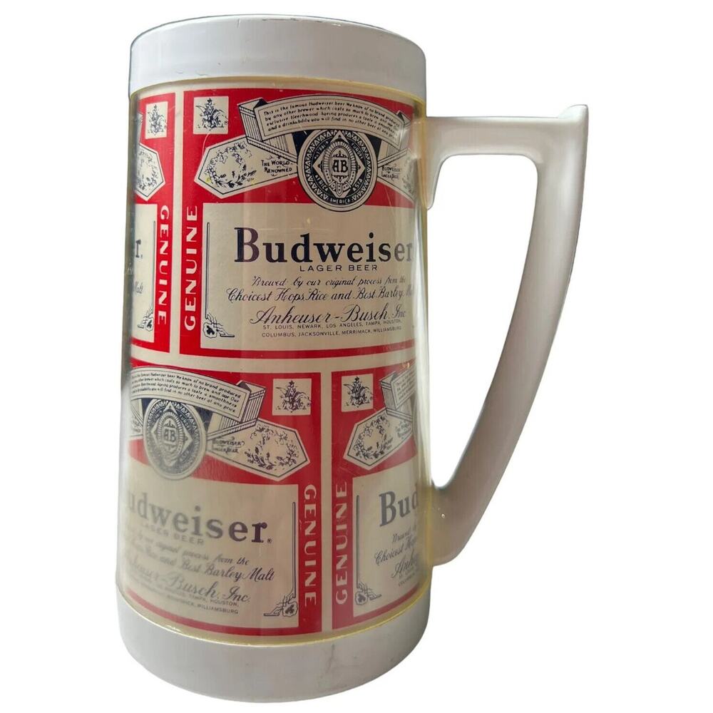 Budweiser History Thermo-Serv Mug Stein Vtg 80s Beverage Barware USA 10 oz